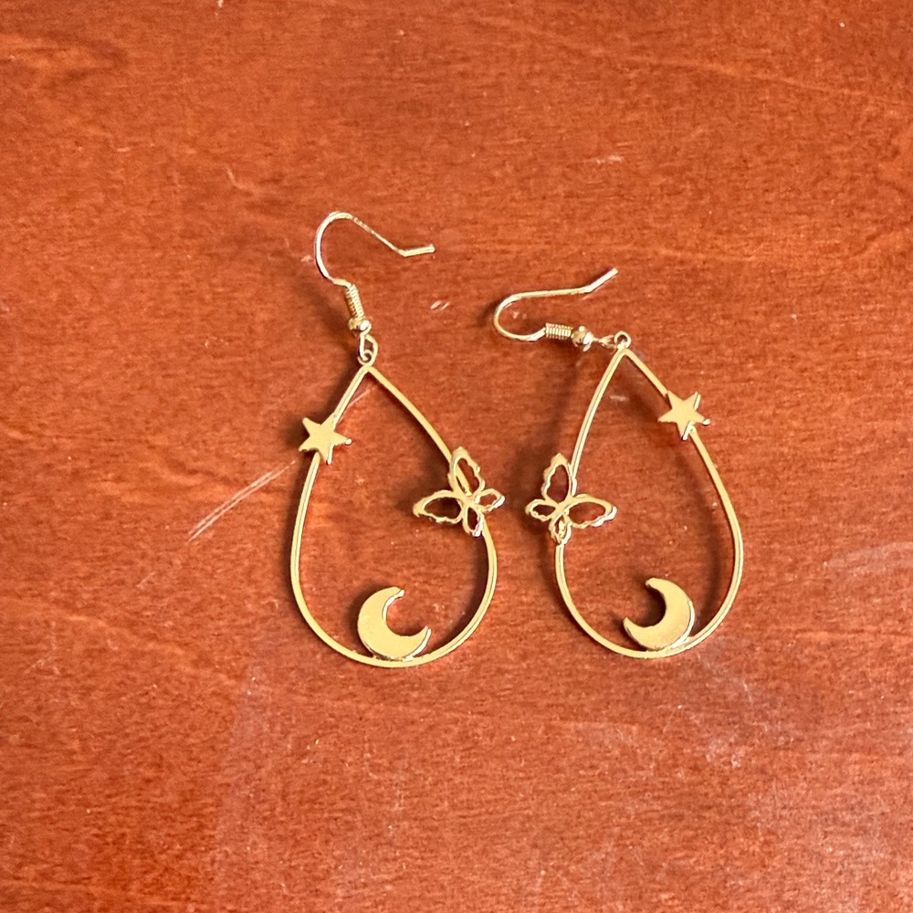 Gold Moon and Star Drop Earrings